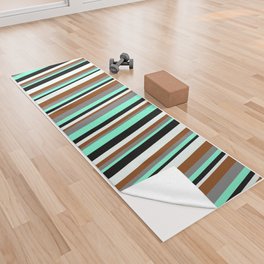 [ Thumbnail: Eyecatching Aquamarine, Gray, Brown, Mint Cream, and Black Colored Striped/Lined Pattern Yoga Towel ]