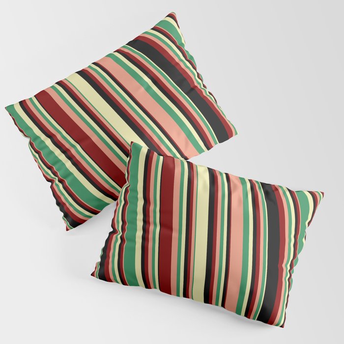 Vibrant Pale Goldenrod, Sea Green, Dark Salmon, Maroon, and Black Colored Striped Pattern Pillow Sham