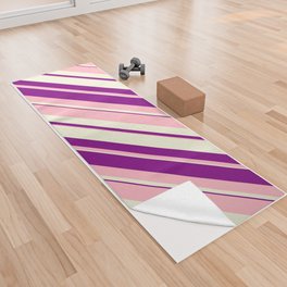 [ Thumbnail: Light Pink, Beige, and Purple Colored Lined/Striped Pattern Yoga Towel ]