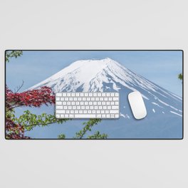 Japan Photography - Red And Green Leaves In Front Of Mount Fuji Desk Mat