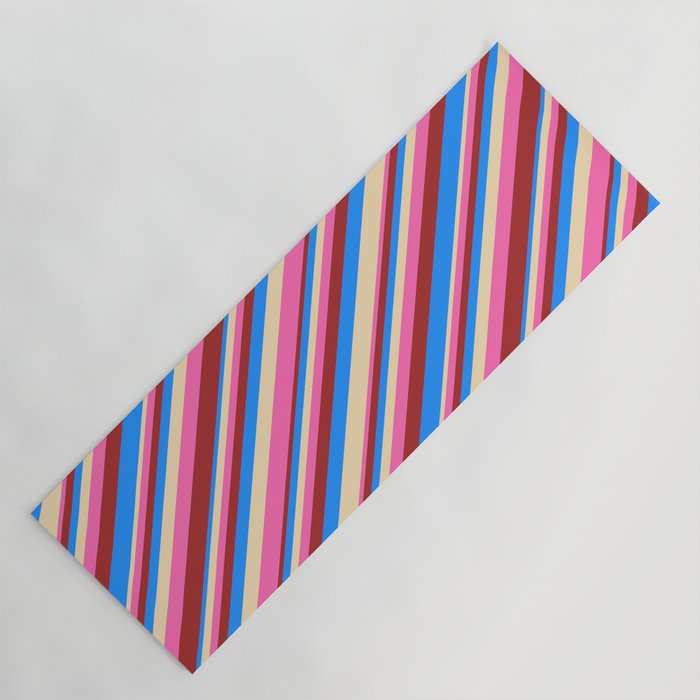 Tan, Hot Pink, Brown & Blue Colored Striped Pattern Yoga Mat