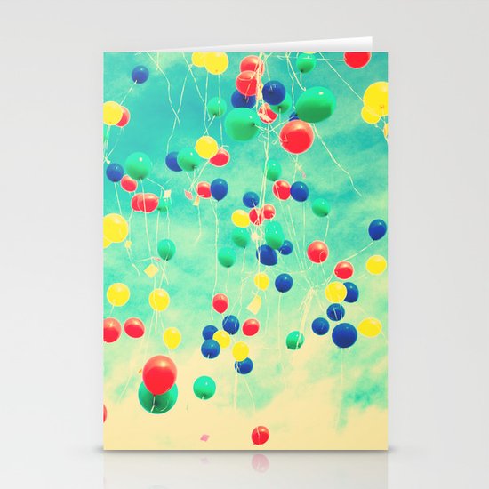 Let your wishes fly (Colour balloons in vintage - retro turquoise sky) Stationery Cards