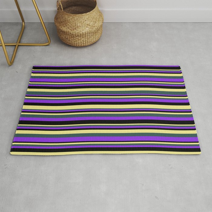 Tan, Dark Slate Gray, Purple, and Black Colored Stripes/Lines Pattern Rug