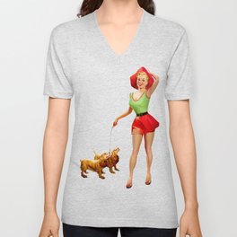 Sexy Blonde Pin Up With Green Dress Red Skirt And Two Dogs V Neck T Shirt