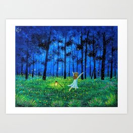 Fireflies in forest and a little girl Art Print