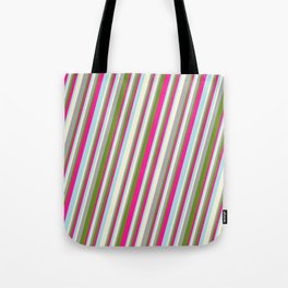 [ Thumbnail: Beige, Dark Gray, Green, Deep Pink, and Powder Blue Colored Stripes Pattern Tote Bag ]