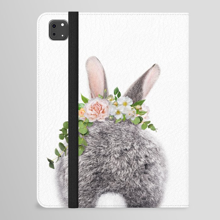 Baby Rabbit, Bunny Tail, Grey Bunny with Flower Crown, Baby Animals Art Print by Synplus iPad Folio Case