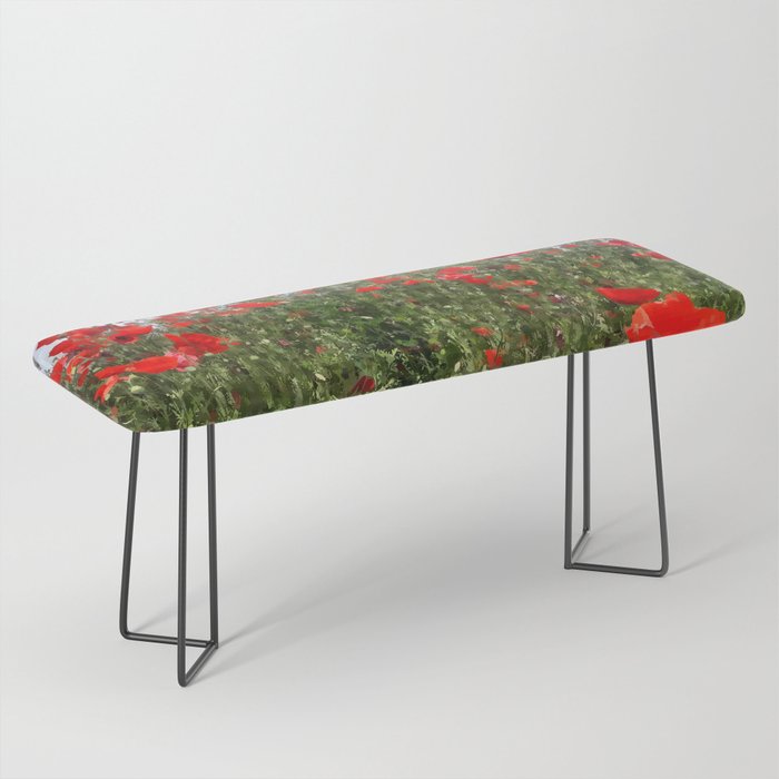 Red poppies blooming summer field pixel art Bench