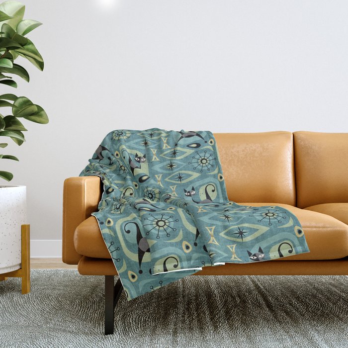 Mid Century Cat Abstract - Blue Throw Blanket