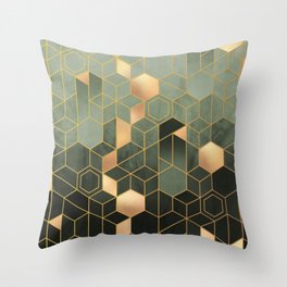 Emerald green and gold copper hexagons Throw Pillow