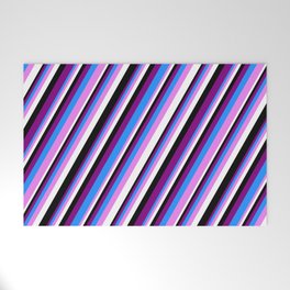 [ Thumbnail: Purple, Blue, Violet, White & Black Colored Stripes Pattern Welcome Mat ]
