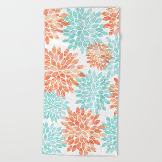 aqua and coral flowers Beach Towel