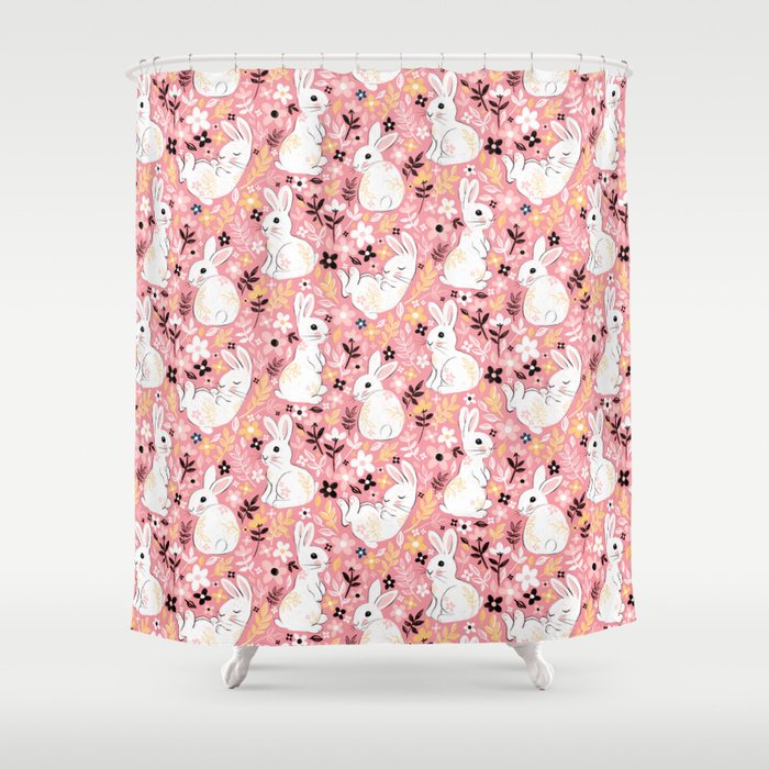 Marshmallow White Easter Bunnies on Candy Pink Shower Curtain
