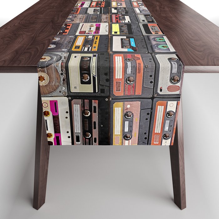 Huge collection of audio cassettes. Retro musical background Table Runner