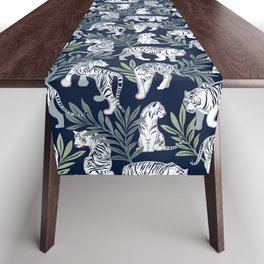 Nouveau white tigers // navy blue background green leaves silver lines white animals Table Runner