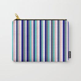 [ Thumbnail: Eye-catching Dark Blue, Dim Gray, Turquoise, Pink, and White Colored Lined/Striped Pattern Carry-All Pouch ]