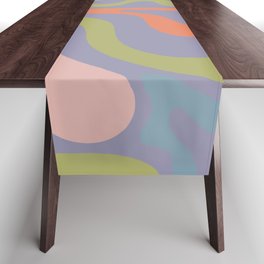 Retro Liquid Swirl Abstract Pattern in Lavender Blue, Celadon, Lime Green, Cantaloupe Orange, and Pale Pink Table Runner