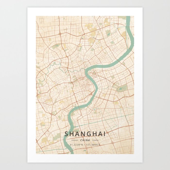 Shanghai, China - Vintage Map Art Print