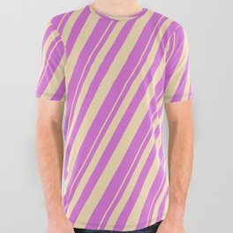 [ Thumbnail: Tan & Orchid Colored Lined Pattern All Over Graphic Tee ]