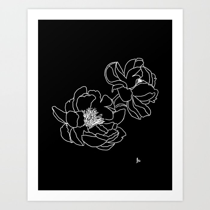 White and Black Large Floral Line Drawing Art Print