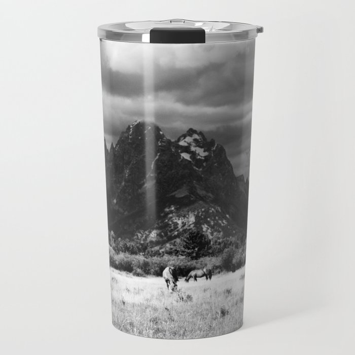 Horse and Grand Teton (Black and White) Travel Mug