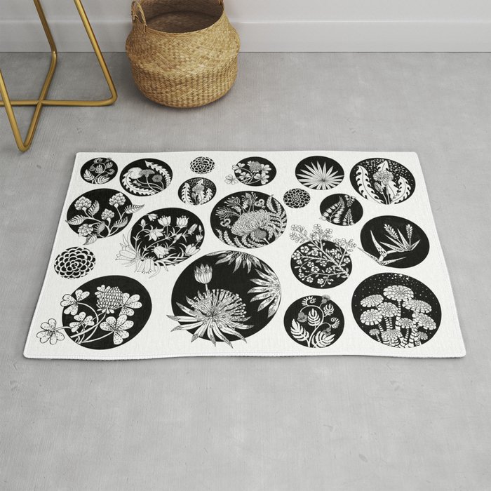Flowers pattern ink art black and white Rug