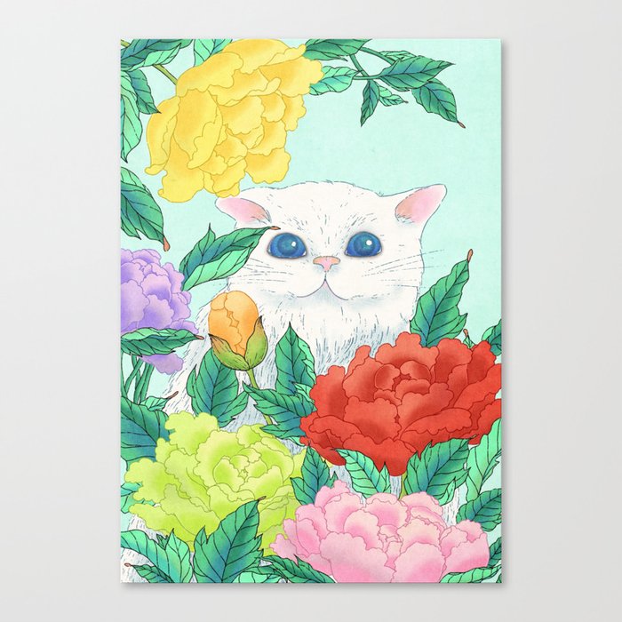 Minhwa: Cat in the Peony Bush A Type Canvas Print