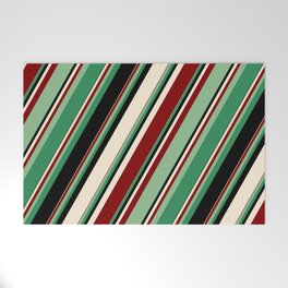 [ Thumbnail: Colorful Beige, Maroon, Dark Sea Green, Sea Green, and Black Colored Striped Pattern Welcome Mat ]