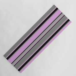 [ Thumbnail: Plum, Black, Gray, and Dark Grey Colored Striped/Lined Pattern Yoga Mat ]