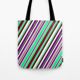 [ Thumbnail: Vibrant Green, Maroon, Light Cyan, Purple, and Grey Colored Lines Pattern Tote Bag ]