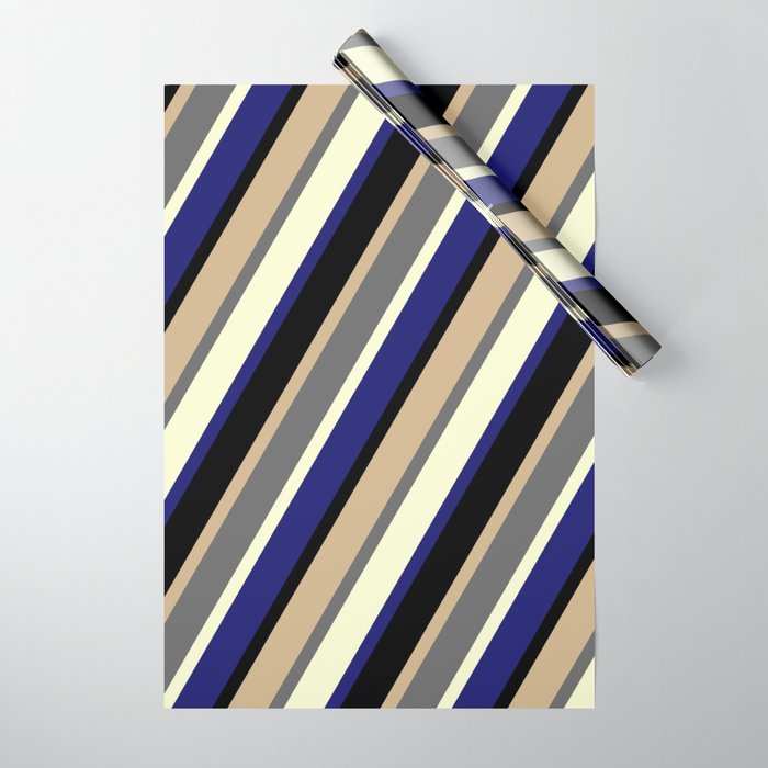Vibrant Tan, Dim Grey, Light Yellow, Midnight Blue & Black Colored Lines/Stripes Pattern Wrapping Paper