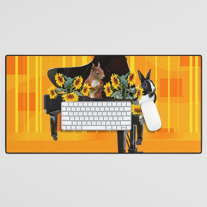 Piano with sunflowers and squirrel and Rabbit Desk Mat
