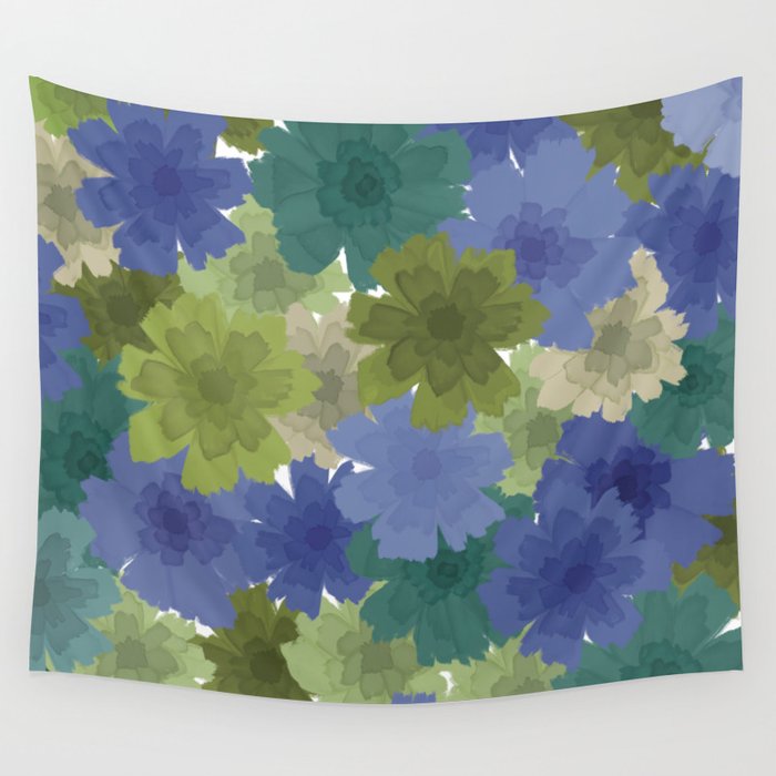Watercolor Flowers - Blue and Green Wall Tapestry