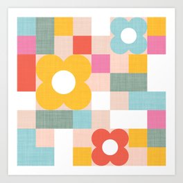 Retro Flowers on playful checks Art Print