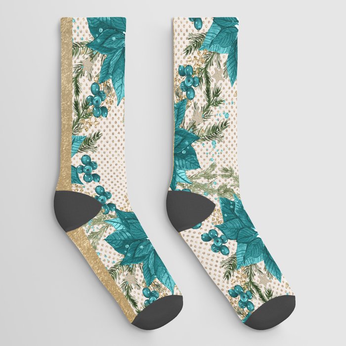 Teal Christmas Poinsettia Socks