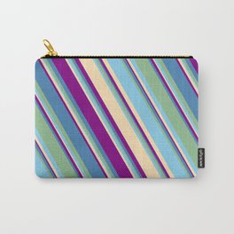 [ Thumbnail: Eyecatching Blue, Dark Sea Green, Sky Blue, Beige, and Purple Colored Lines Pattern Carry-All Pouch ]