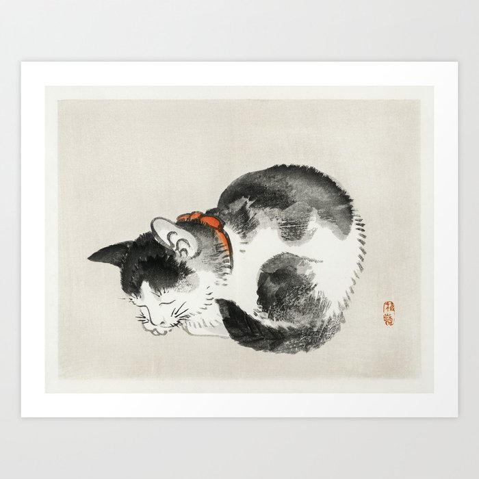 Japanese Watercolor Cat Art Print by lit print goods