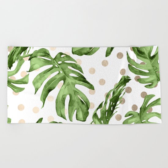Simply Tropical White Gold Sands Dots and Palm Leaves Beach Towel