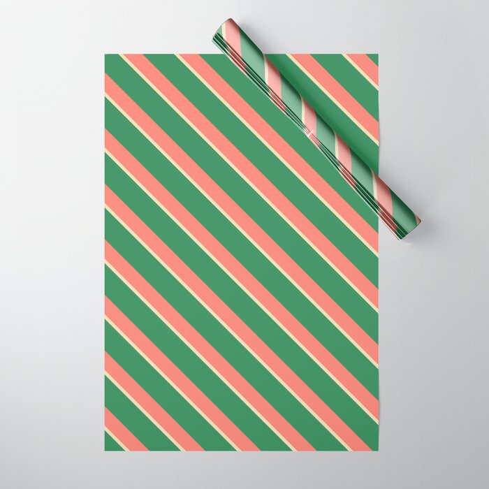 Tan, Sea Green & Salmon Colored Striped/Lined Pattern Wrapping Paper