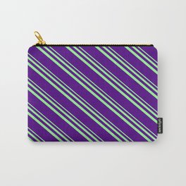 [ Thumbnail: Green and Indigo Colored Lined/Striped Pattern Carry-All Pouch ]