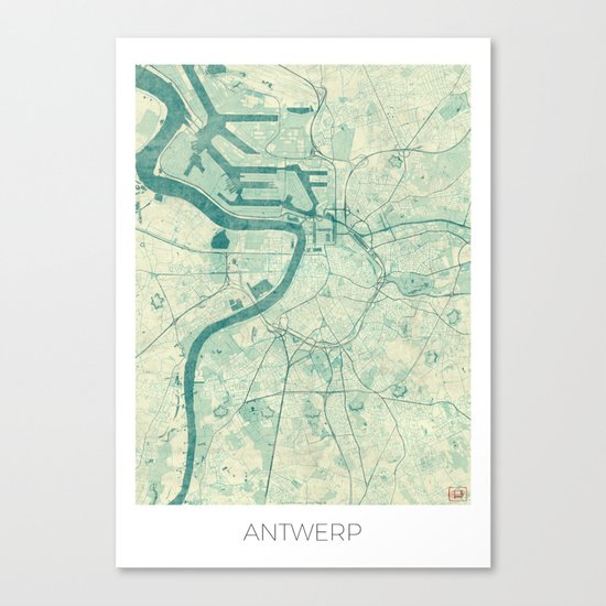 Antwerp Map Blue Vintage Canvas Print
