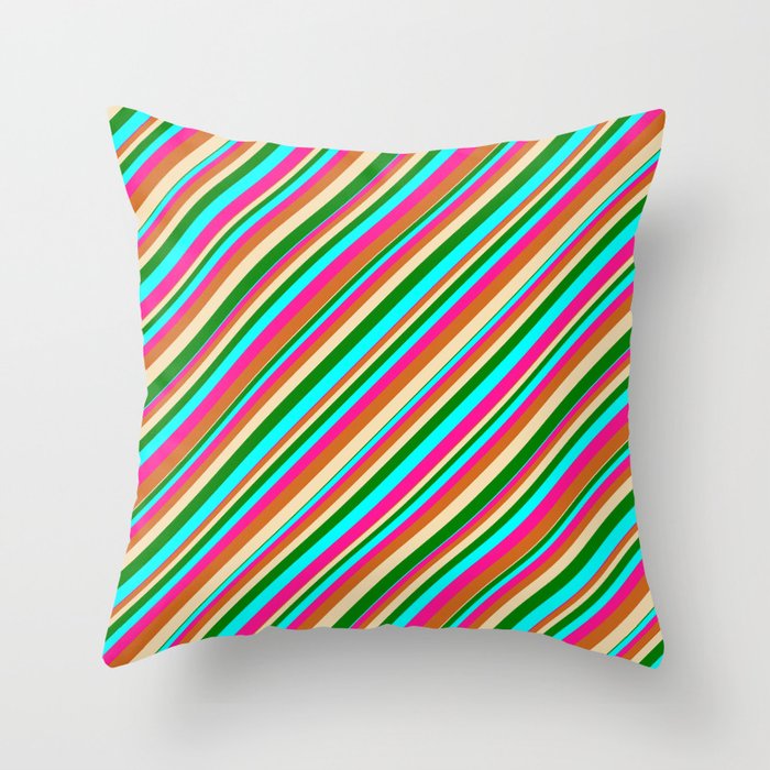 Eye-catching Tan, Green, Cyan, Deep Pink, and Chocolate Colored Pattern of Stripes Throw Pillow