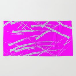 Neon Magenta background with Rough Blue Grey Paint Strokes, Teenage Girl Bedding Beach Towel