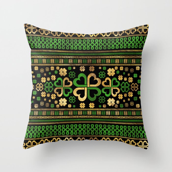 Lucky Shamrock Four-leaf Clover Green and Gold Throw Pillow