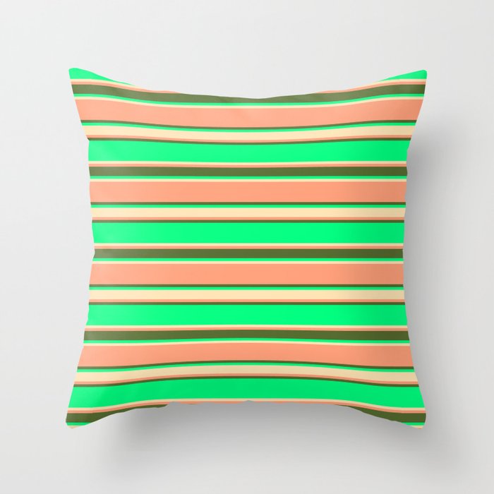 Green, Beige, Light Salmon & Dark Olive Green Colored Stripes Pattern Throw Pillow