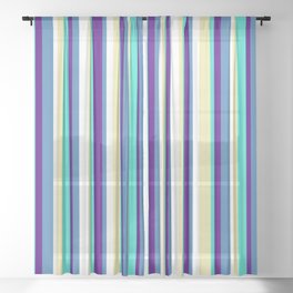 [ Thumbnail: Eye-catching Turquoise, Indigo, Blue, White, and Pale Goldenrod Colored Lines Pattern Sheer Curtain ]