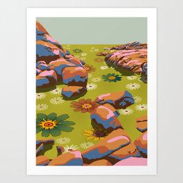 70s style abstract landscape with retro flowers in chartreuse green Art Print