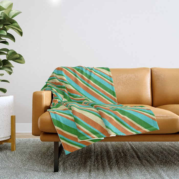 Pale Goldenrod, Chocolate, Turquoise & Forest Green Colored Lines Pattern Throw Blanket
