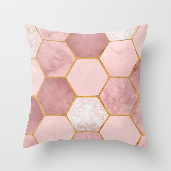 Pink and Gold Hexagon Quartz Throw Pillow