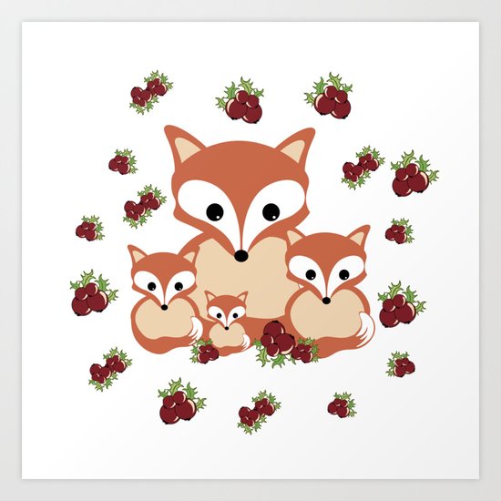 Family of foxes in winter Art Print